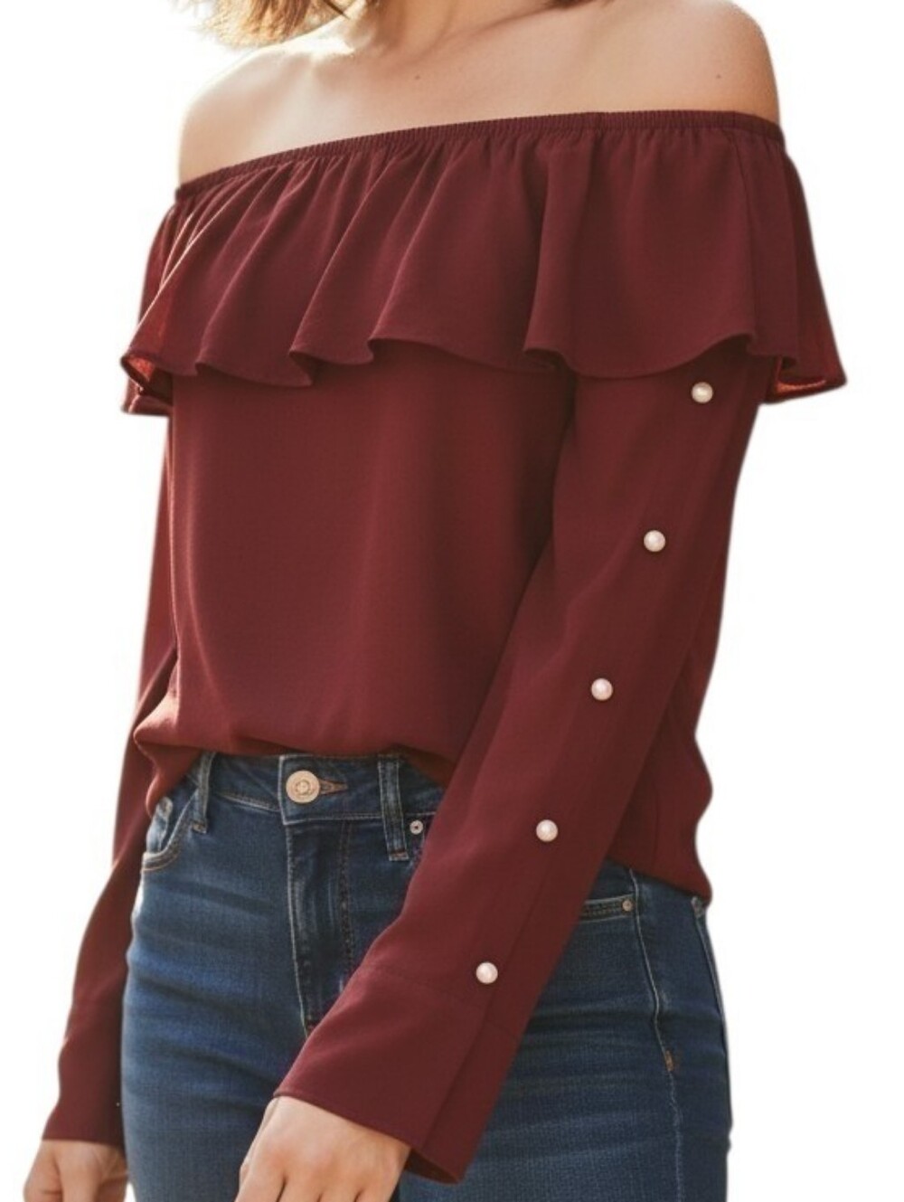 Aqua Burgundy Off-Shoulder Ruffle Blouse with Pearl Sleeve Buttons, Small
